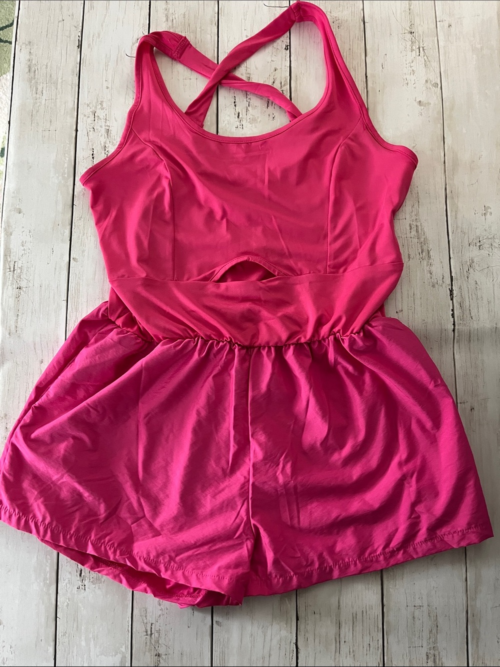 Hot Pink Cross-Back Romper with Elastic Waist